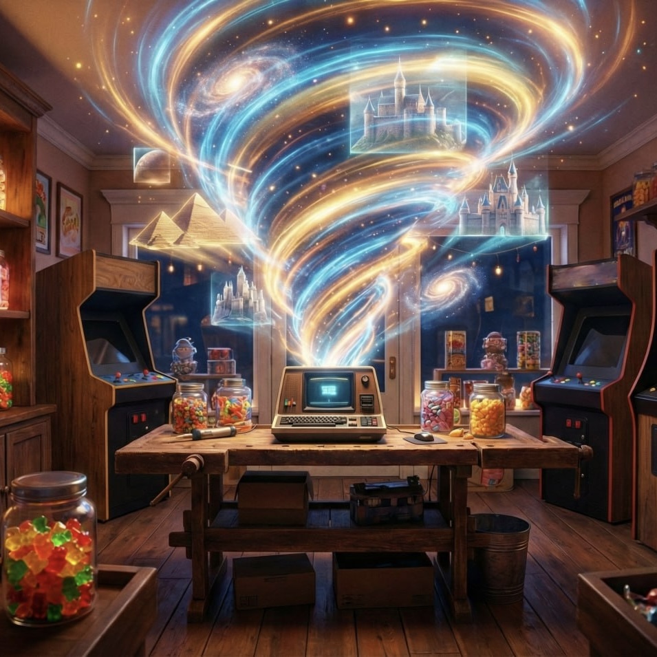 Imagination spirals from a computing devise on the table inside an arcade style candy shop.